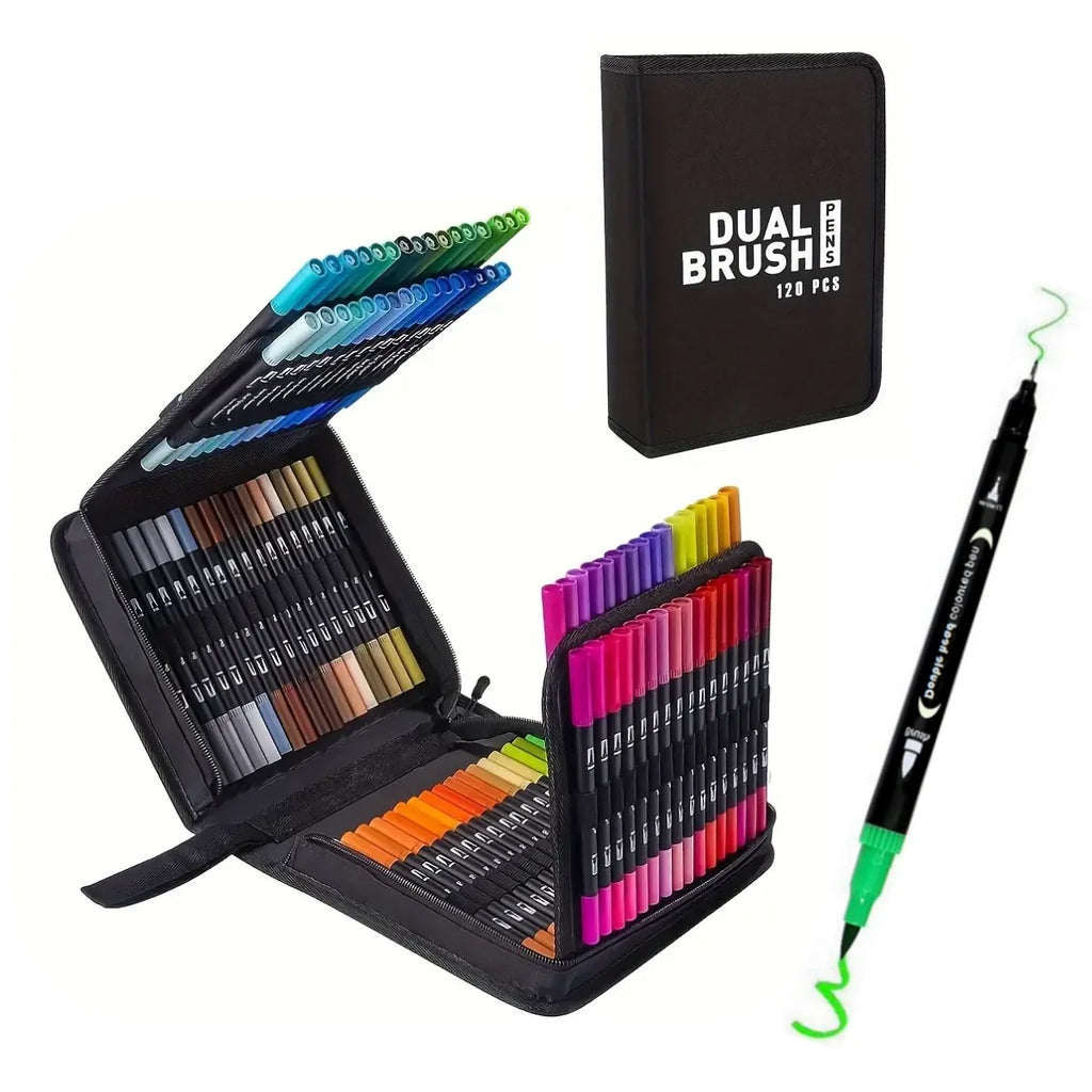 120pcs Double Ended Marker Pens with Cloth Bag, Fine & Brush Tip, Easter Basket Gift, Suitable for Artist, Students and Adult