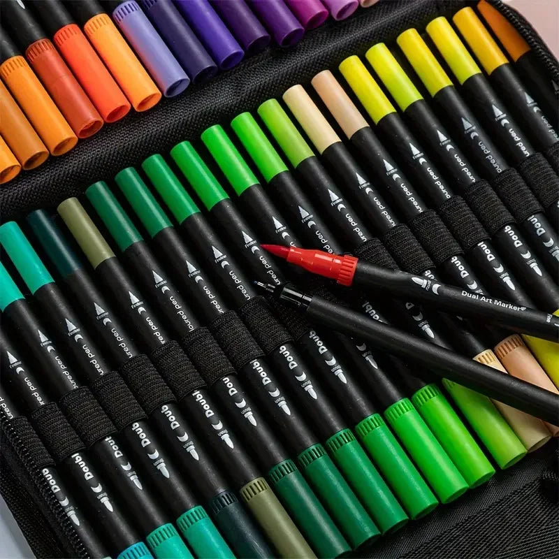 120pcs Double Ended Marker Pens with Cloth Bag, Fine & Brush Tip, Easter Basket Gift, Suitable for Artist, Students and Adult