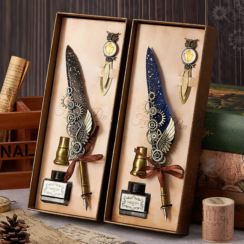 Vintage Mechanical Feather Dip Pen Set,Ink-Containing,Penholder,Bookmark,Art Calligraphy Signature Pen Holiday Gift Giftboxed